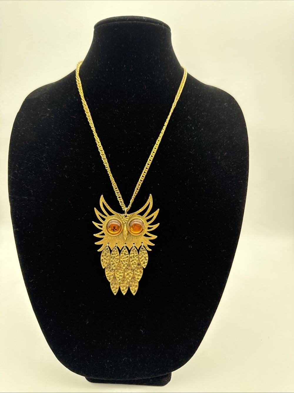 Vintage 70’s Gold Tone Owl Pendant with Amber Eyes Mrs Roper, MCM - READ